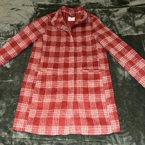 Old Navy Pea Coat Women’s Medium Red White Plaid Wool Blend Pockets Zip Front - Picture 10 of 10